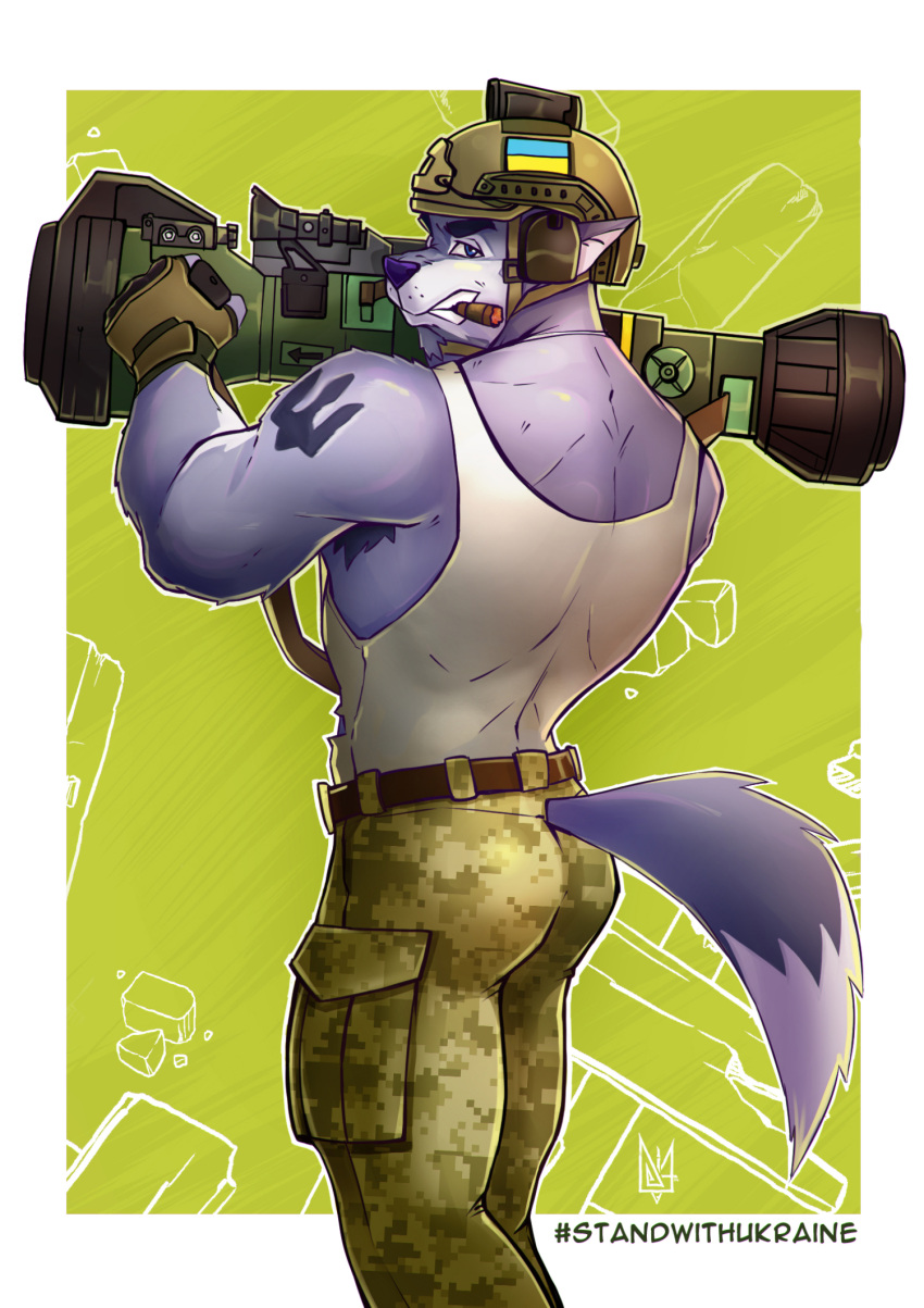 abstract_background anthro arm_tattoo armor armpit_hair back_muscles belt_buckle biped blue_body blue_eyes blue_fur blue_nose body_hair broad_shoulders brown_belt canid canine canis cigar cigar_in_mouth clothing coat_of_arms combat_helmet dimtarius ear_protection english_text eyebrows fur furgonomics grin hashtag headgear helmet hi_res holding_object khaki_pants looking_back male mammal military military_uniform multicolored_body multicolored_fur muscular muscular_anthro muscular_male nlaw ranged_weapon rocket_launcher russo-ukranian_war shirt smile soldier solo tactical_gloves tagme tank_top tattoo text three-quarter_view topwear torn_clothing two_tone_body two_tone_fur ukraine ukrainian_flag uniform warrior weapon weapon_on_shoulder white_body white_clothing white_fur white_shirt white_tank_top white_topwear wolf