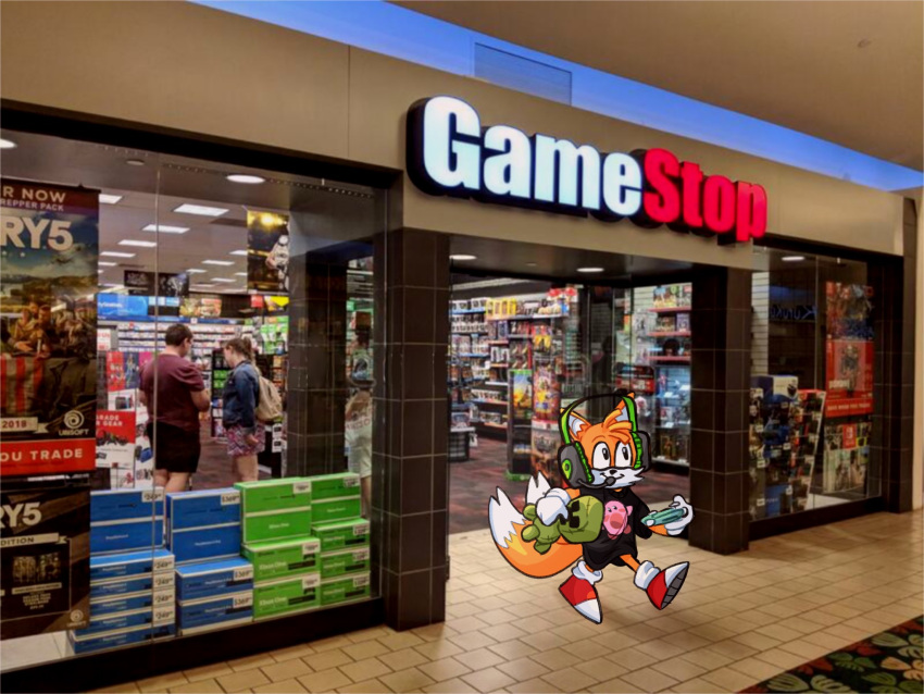alternate_costume anthro blue_eyes canid canine controller creeper_(minecraft) doll fox fur game_controller gamestop headphones hi_res lariedale mammal microsoft miles_prower minecraft mojang photo_background plushie sega shopping smile sonic_the_hedgehog_(series) store video_games white_body white_fur xbox_game_studios yellow_body yellow_fur