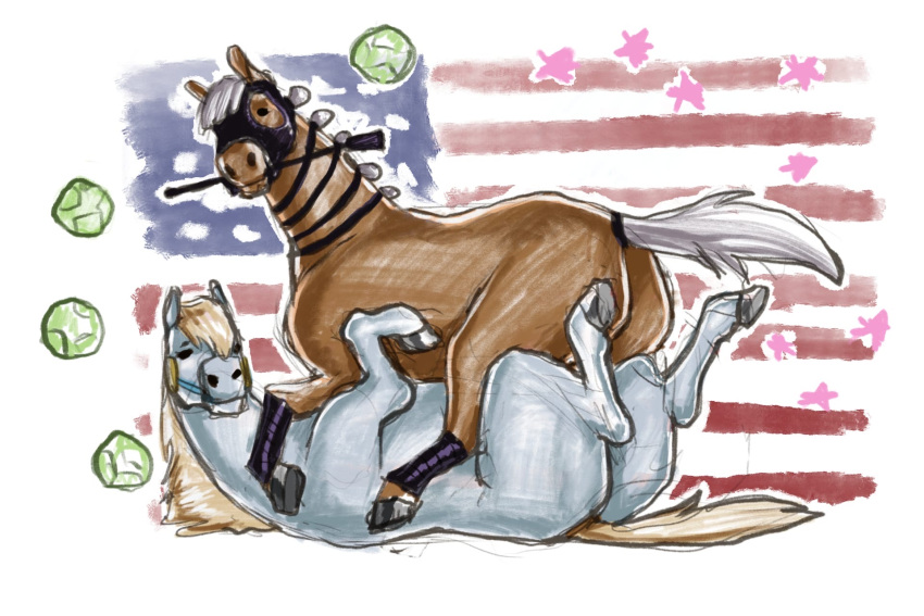 dirtyfox911911 duo equid equine female female/female feral hi_res jojo's_bizarre_adventure looking_at_viewer lying mammal mane mask on_back on_top riding_crop slowdancer_(jjba) stars_and_stripes united_states_of_america valkyrie_(jjba) whip