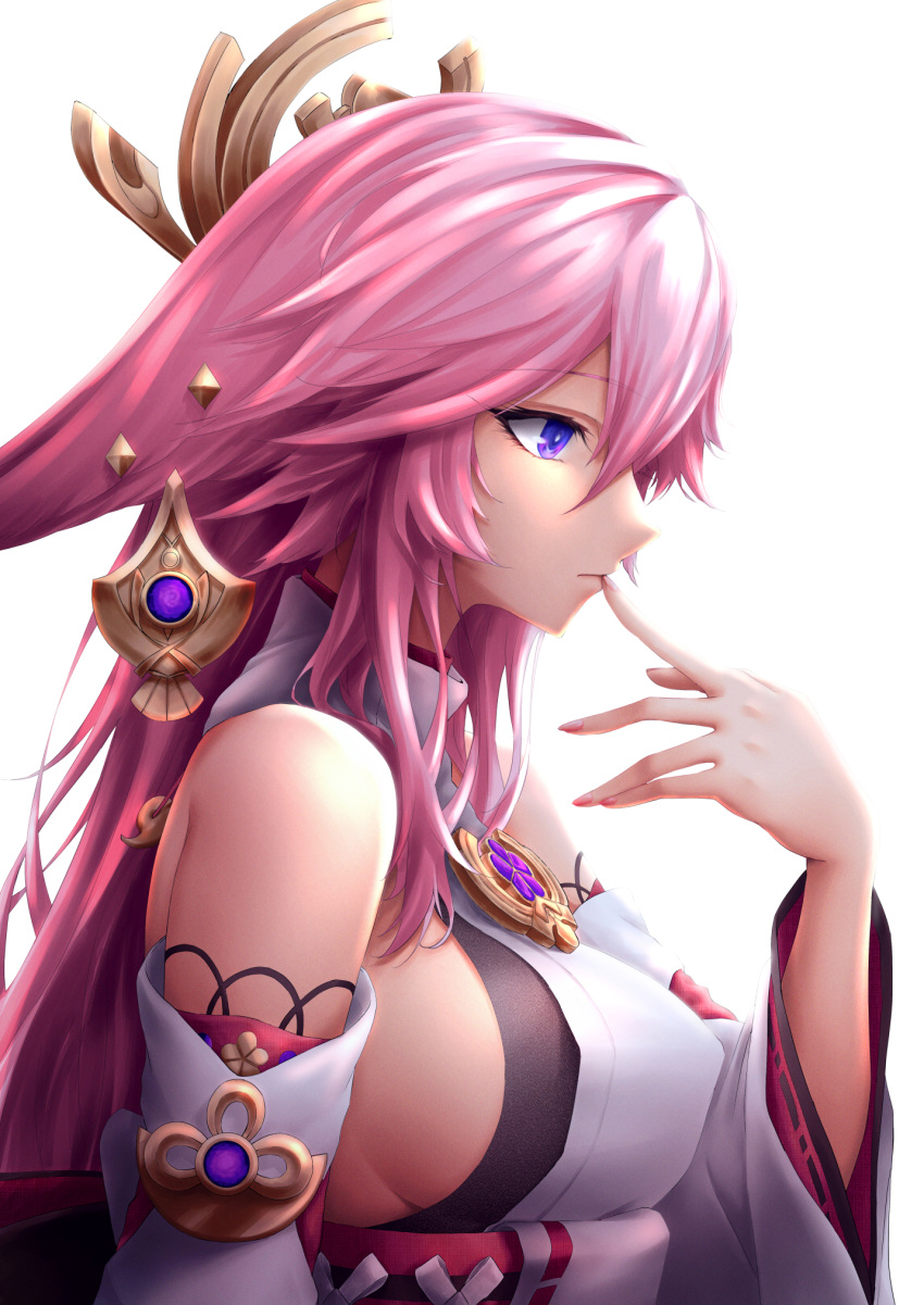 1girl animal_ears bangs commentary_request detached_sleeves earrings eyebrows_visible_through_hair finger_to_mouth fox_ears from_side genshin_impact hair_between_eyes hair_ornament highres jewelry lips long_hair looking_afar looking_at_viewer looking_away necklace nontraditional_miko pink_hair purple_eyes ribbon-trimmed_sleeves ribbon_trim royboy sidelocks solo touching vision_(genshin_impact) white_background yae_miko