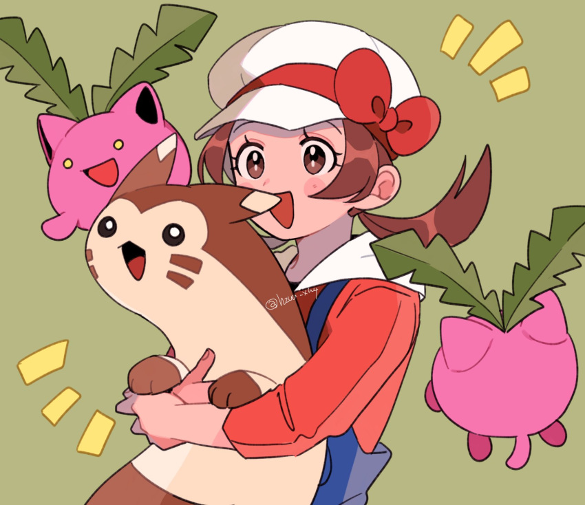 1girl :d blue_overalls blush_stickers bow brown_eyes brown_hair cabbie_hat commentary_request furret green_background hat hat_bow highres holding holding_pokemon hoppip long_hair lyra_(pokemon) momotose_(hzuu_xh4) open_mouth overalls pokemon pokemon_(creature) pokemon_(game) pokemon_hgss red_bow red_shirt shirt smile twintails white_headwear