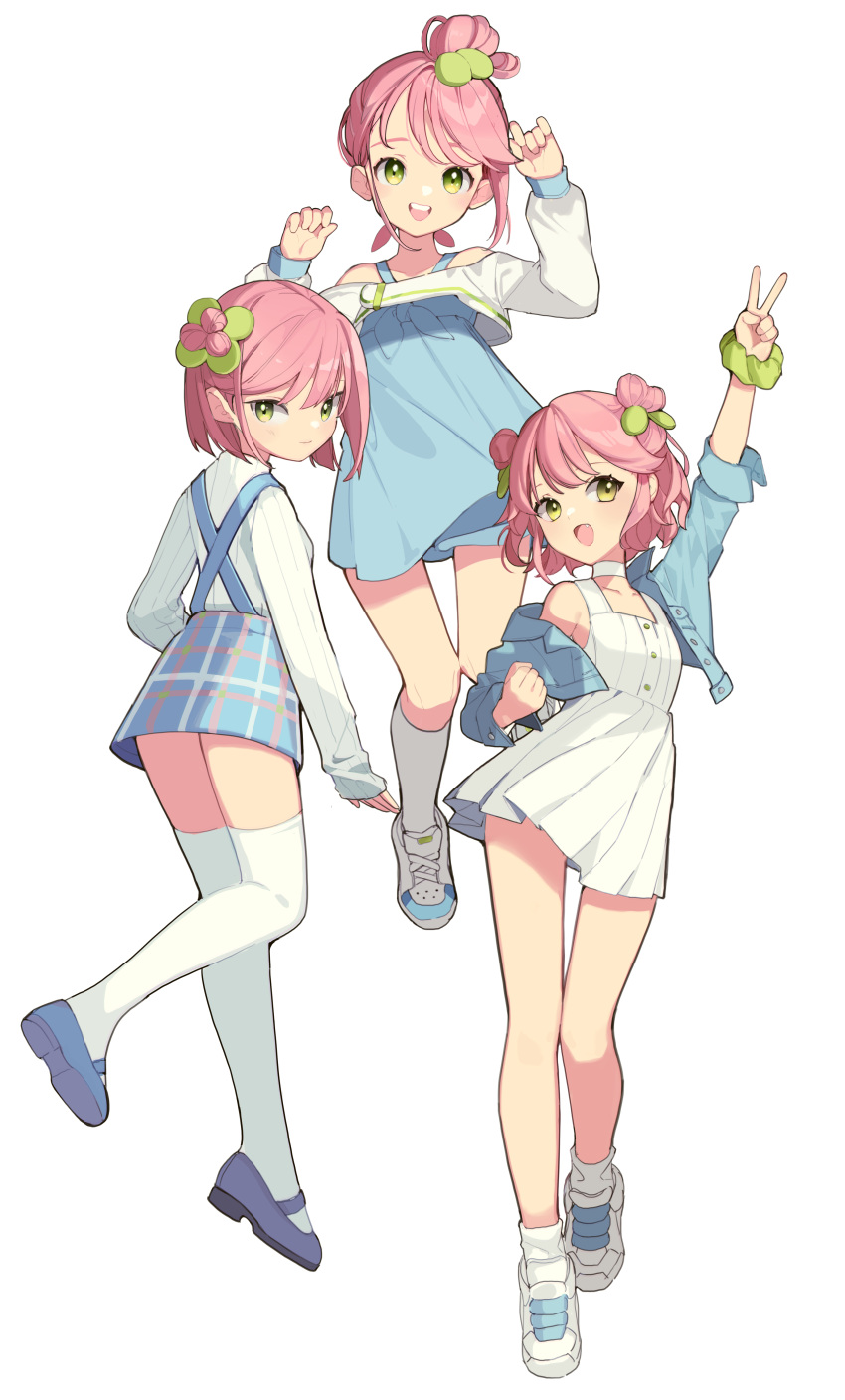 3girls :d absurdres adcd arm_up bare_shoulders blue_dress blue_footwear blue_jacket blue_skirt closed_mouth double_bun dress green_eyes green_scrunchie hair_bun highres jacket kneehighs long_sleeves multiple_girls off-shoulder_dress off_shoulder open_clothes open_jacket original pink_hair puffy_long_sleeves puffy_sleeves scrunchie shirt shoes simple_background skirt sleeveless sleeveless_dress sleeves_past_wrists smile socks suspender_skirt suspenders teeth thighhighs upper_teeth v white_background white_dress white_footwear white_legwear white_shirt wrist_scrunchie