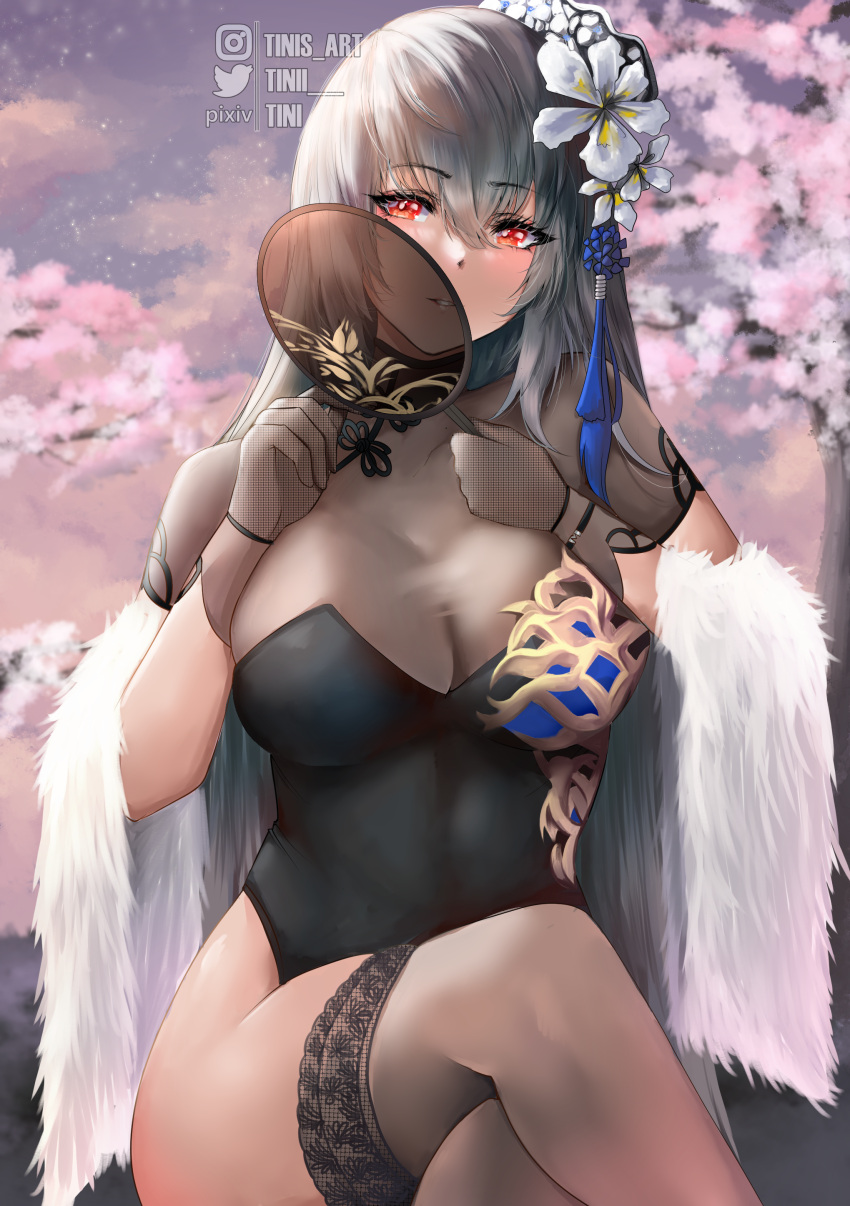 1girl absurdres artist_name azur_lane breasts china_dress chinese_clothes cleavage crossed_legs dress eyebrows_visible_through_hair feather_boa flower hair_flower hair_ornament hand_fan highres holding holding_fan large_breasts long_hair looking_at_viewer mole mole_under_eye official_alternate_costume red_eyes saint-louis_(alluring_administrator)_(azur_lane) saint-louis_(azur_lane) see-through_legwear sheer_gloves short_sleeves sitting solo thighs tini watermark white_flower