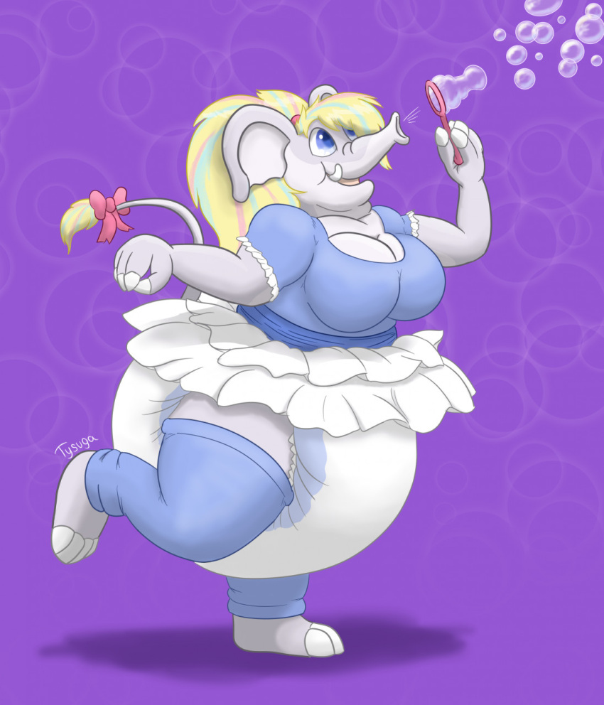 2021 anthro biped bottomwear bow_tie bubble bubble_wand clothing diaper elephant elephantid female hair hi_res mammal open_mouth proboscidean skirt solo standing tysuga