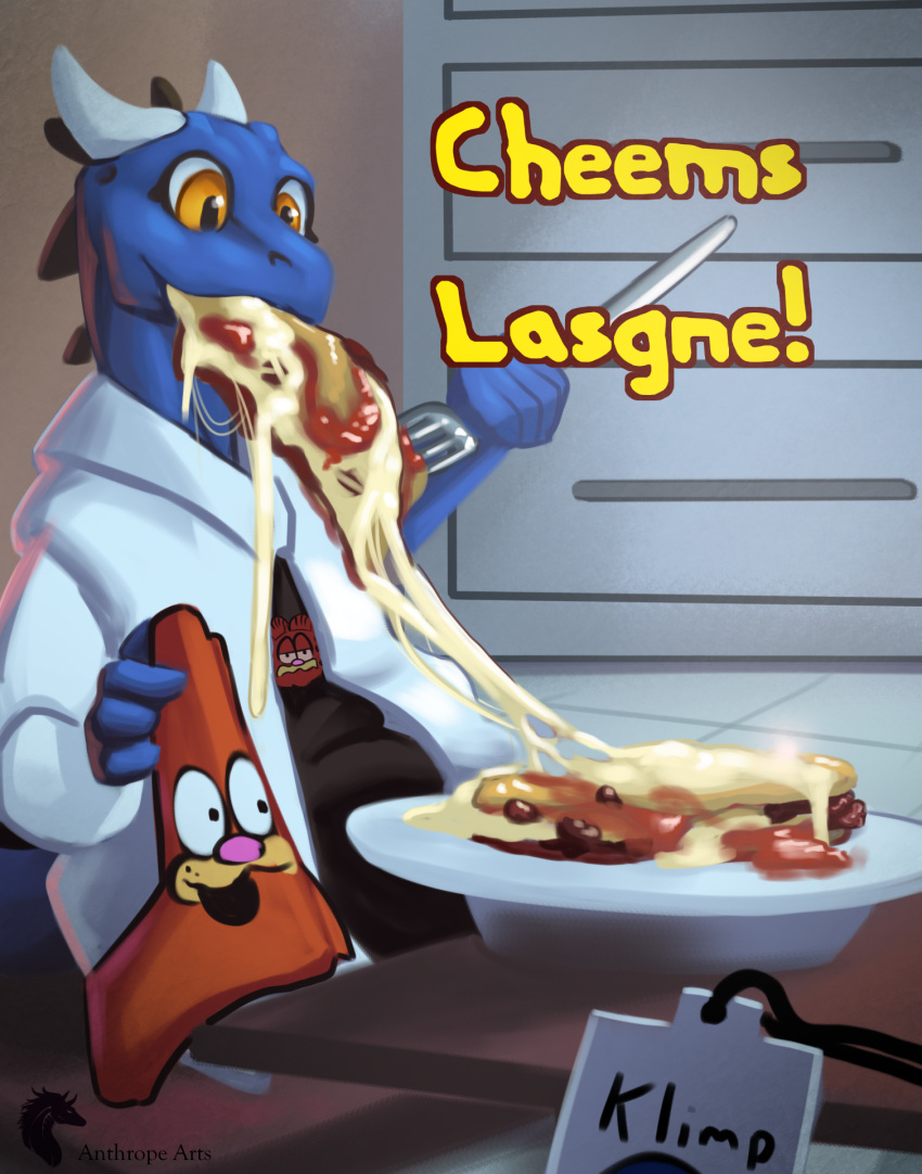 anthro anthrope_arts blue_body blue_scales cheese clothed clothing cutlery dairy_products dew_dragon digital_media_(artwork) eating english_text female food fork garfield_(series) garfield_the_cat hi_res horn kitchen_utensils kobold lasagna orange_eyes pasta plate scales scalie simple_background smile solo solo_focus text tomato_sauce tools