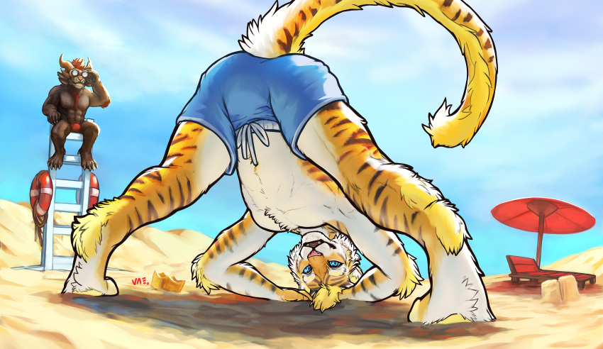 absurd_res anthro beach being_watched binoculars bottomwear bulge charr clothing digital_media_(artwork) felid fur guild_wars hair hi_res jack-o'_pose looking_at_another looking_at_viewer male mammal pantherine pose rytlock_brimstone sand seaside shorts sky smile solo tiger vateo video_games