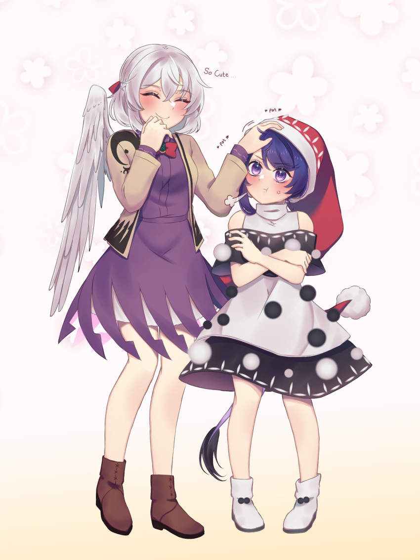 2girls :t absurdres animal_ears black_dress blue_hair boots brown_footwear capelet crossed_arms doremy_sweet dress english_commentary engrish_commentary feathered_wings full_body grey_hair hand_on_another's_head hat headpat highres kishin_sagume light_brown_jacket multicolored_clothes multicolored_dress multiple_girls nightcap pom_pom_(clothes) pout purple_dress purple_eyes red_headwear sakikagami single_wing standing tail tapir_ears tapir_tail touhou white_dress white_footwear white_wings wings