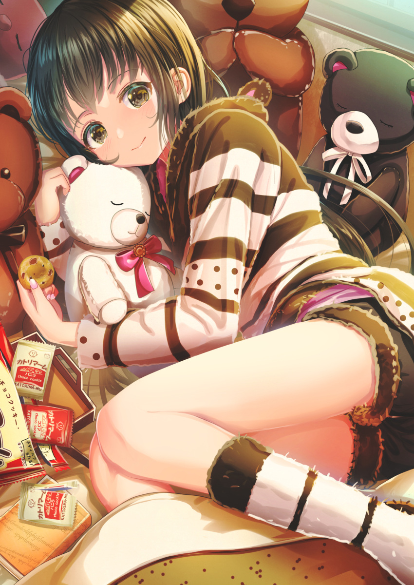 1girl abo_(kawatasyunnnosukesabu) black_eyes black_hair cookie food highres holding holding_cookie holding_food long_hair lying nail_polish on_side original pajamas short_shorts shorts smile solo stuffed_animal stuffed_toy teddy_bear