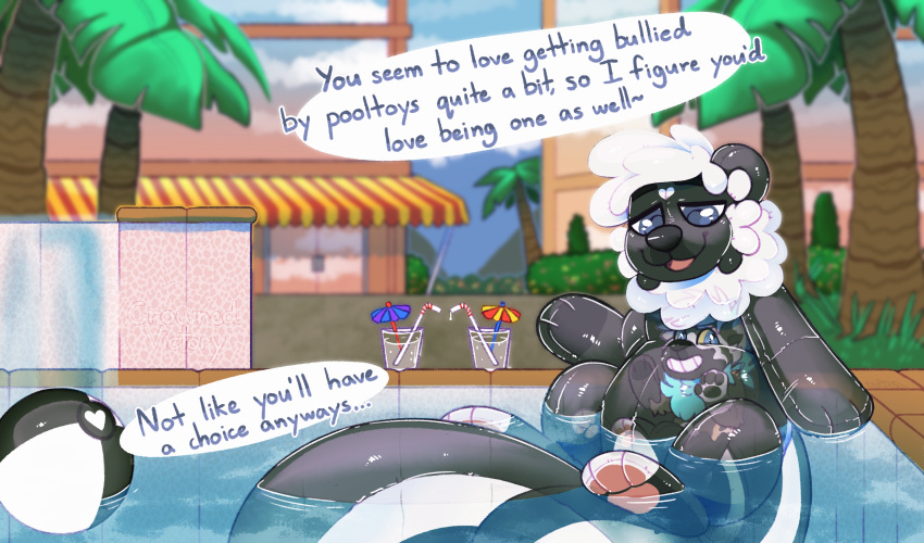 2022 absurd_res ball beach_ball beverage crownedvictory detailed_background dialogue domestic_ferret duo forced hi_res inflatable mammal mephitid mustela mustelid musteline palm_tree plant pool_(disambiguation) pool_toy size_difference skunk tagme transformation tree true_musteline vore