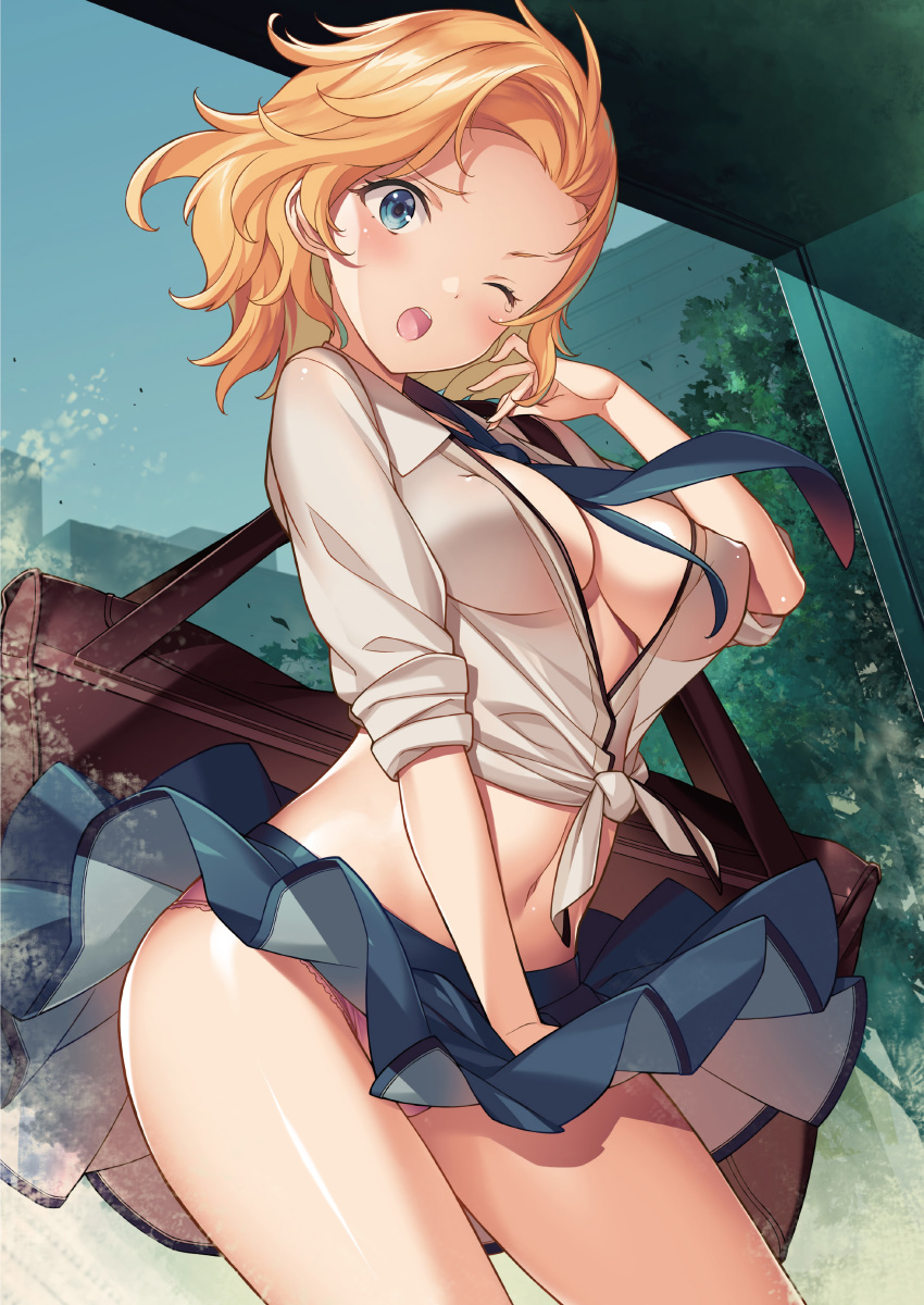 1girl absurdres bag bangs blonde_hair blue_eyes blush breasts cleavage covered_nipples day hand_up highres holding kikuchi_seiji medium_breasts melonbooks midriff navel necktie open_mouth original outdoors panties pink_panties pleated_skirt shiny shiny_hair shiny_skin short_hair simple_background skirt sleeves_rolled_up solo stomach teeth thighs underwear wind wind_lift