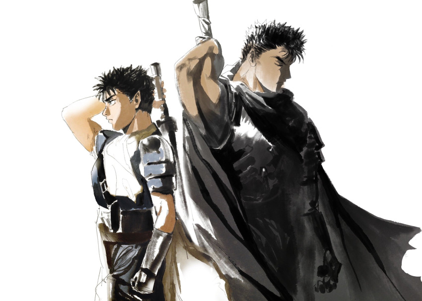 2boys 7enn age_progression armor back-to-back berserk black_cape black_hair breastplate cape dragonslayer_(sword) gauntlets guts_(berserk) highres holding holding_sword holding_weapon multiple_boys multiple_persona muscular muscular_male shoulder_armor simple_background sketch standing sword sword_behind_back weapon weapon_on_back white_background