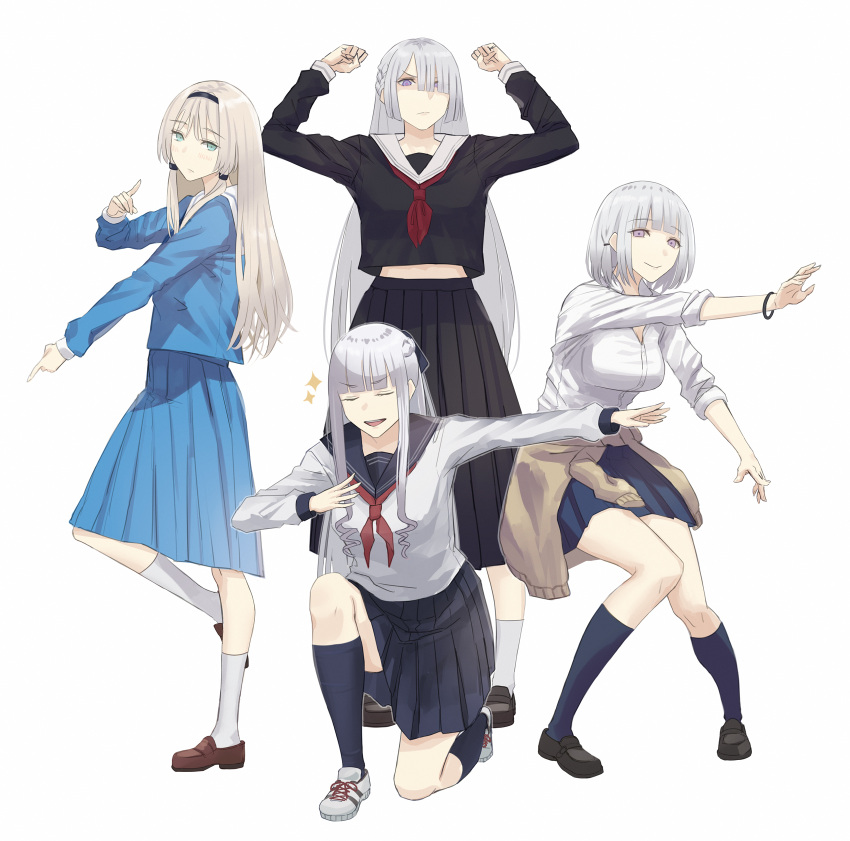 4girls ak-12_(girls'_frontline) ak-15_(girls'_frontline) an-94_(girls'_frontline) asakiri_koko bracelet closed_eyes clothes_around_waist defy_(girls'_frontline) girls'_frontline highres jacket jacket_around_waist jewelry long_skirt multiple_girls platinum_blonde_hair pleated_skirt pose rpk-16_(girls'_frontline) school_uniform serafuku shoes skirt sneakers socks white_hair