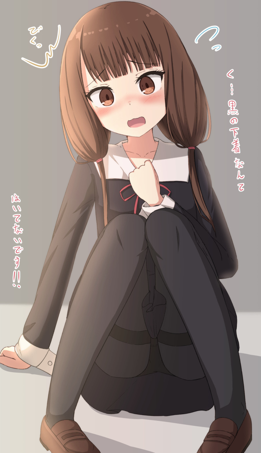 1girl ^^^ arm_support black_dress black_panties blush brown_eyes brown_footwear brown_hair collarbone commentary_request dress flying_sweatdrops hair_over_shoulder hand_up highres hippo_(hirople) iino_miko kaguya-sama_wa_kokurasetai_~tensai-tachi_no_renai_zunousen~ knees_together_feet_apart knees_up loafers long_hair long_sleeves looking_at_viewer low_twintails neck_ribbon open_mouth panties panties_under_pantyhose pantyhose pigeon-toed red_ribbon ribbon school_uniform shoes sitting sleeves_past_wrists solo thighband_pantyhose translation_request twintails underwear wavy_mouth