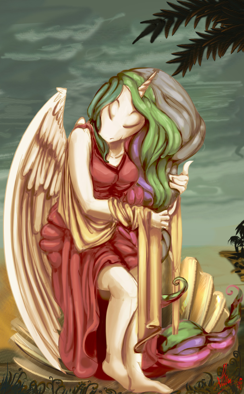 2015 absurd_res alumx anthro birth_of_venus clothed clothing detailed_background equid equine eyes_closed feathered_wings feathers female friendship_is_magic grass hair hi_res horn inspired_by_formal_art mammal multicolored_hair my_little_pony outside overcast plant pose princess_celestia_(mlp) rainbow_hair seashell seaside shell signature sky solo toga tree water white_body winged_unicorn wings