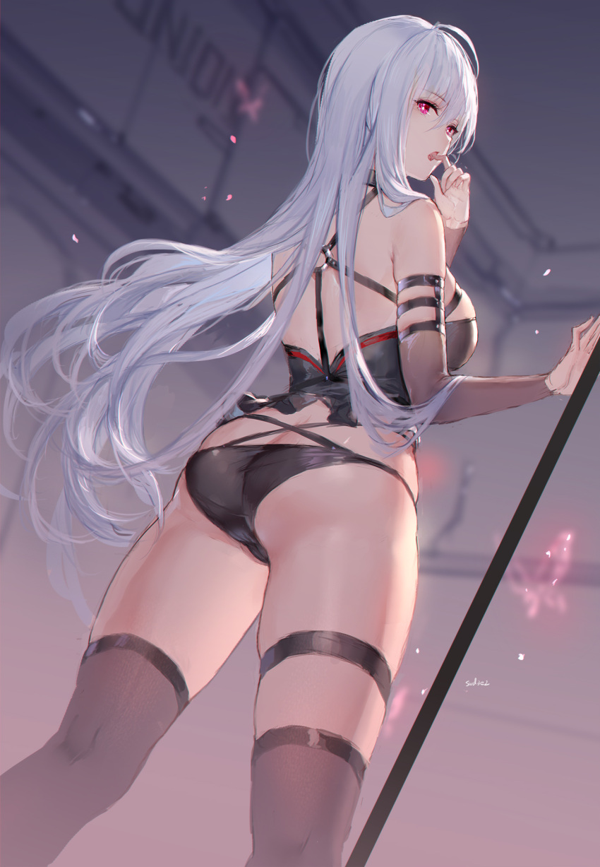 1girl ass bare_shoulders black_legwear black_panties closers detached_sleeves from_behind highres long_hair long_sleeves looking_at_viewer looking_back mirae_(closers) o-ring open_mouth panties purple_eyes solo standing swd3e2 thigh_strap thighhighs thighs underwear white_hair