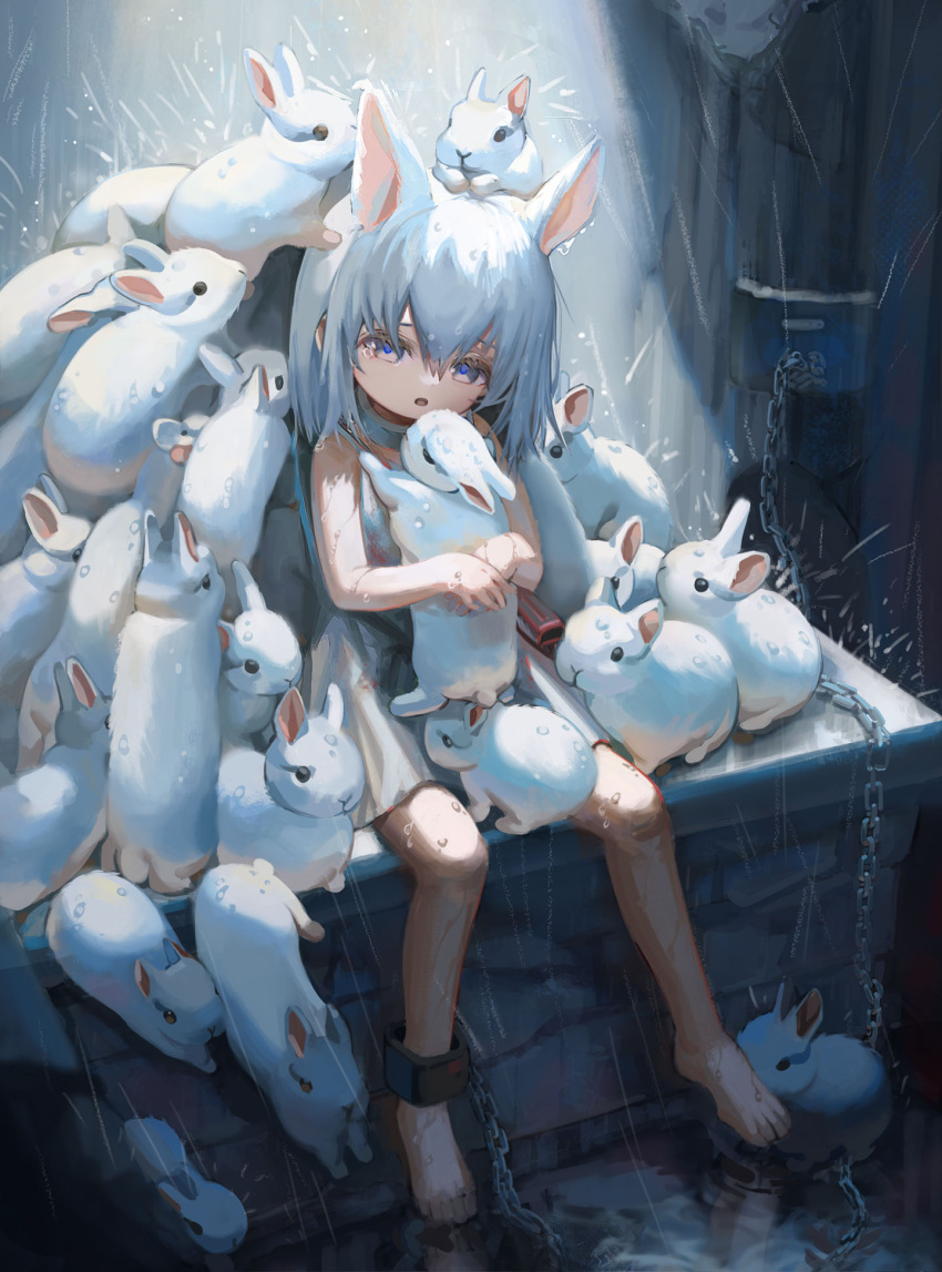 1girl animal_ears animal_hug bag barefoot bunny cat_ears cat_girl chain child cold collar cuffs dress feet grey_eyes highres hug kanola looking_at_viewer open_mouth original outdoors puddle rain short_dress short_hair sitting sleeveless sleeveless_dress tears toes water wet white_dress white_hair