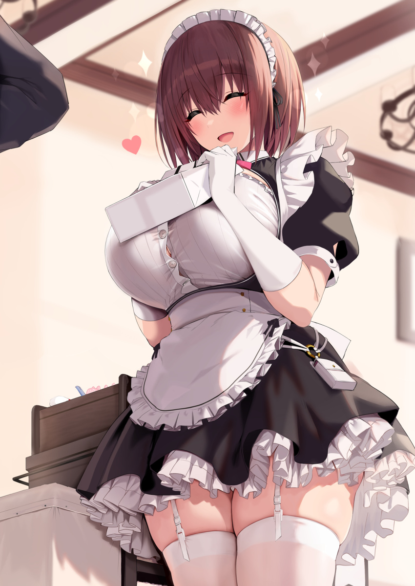 1boy 1girl apron bangs black_dress blue_gk blush breasts brown_hair cleavage cleavage_cutout closed_eyes clothing_cutout dress elbow_gloves gift_bag gloves heart highres large_breasts maid maid_headdress open_mouth original puffy_short_sleeves puffy_sleeves short_hair short_sleeves smile solo_focus sparkle waist_apron white_apron white_gloves