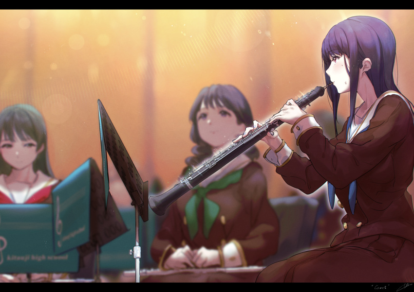 3girls absurdres black_hair blue_neckerchief brown_serafuku brown_skirt green_neckerchief hibike!_euphonium highres holding holding_instrument instrument kitauji_high_school_uniform kuziaaizuk letterboxed long_hair long_sleeves multiple_girls music neckerchief oboe playing_instrument purple_eyes red_neckerchief sailor_collar school_uniform serafuku skirt sweat white_sailor_collar yoroizuka_mizore