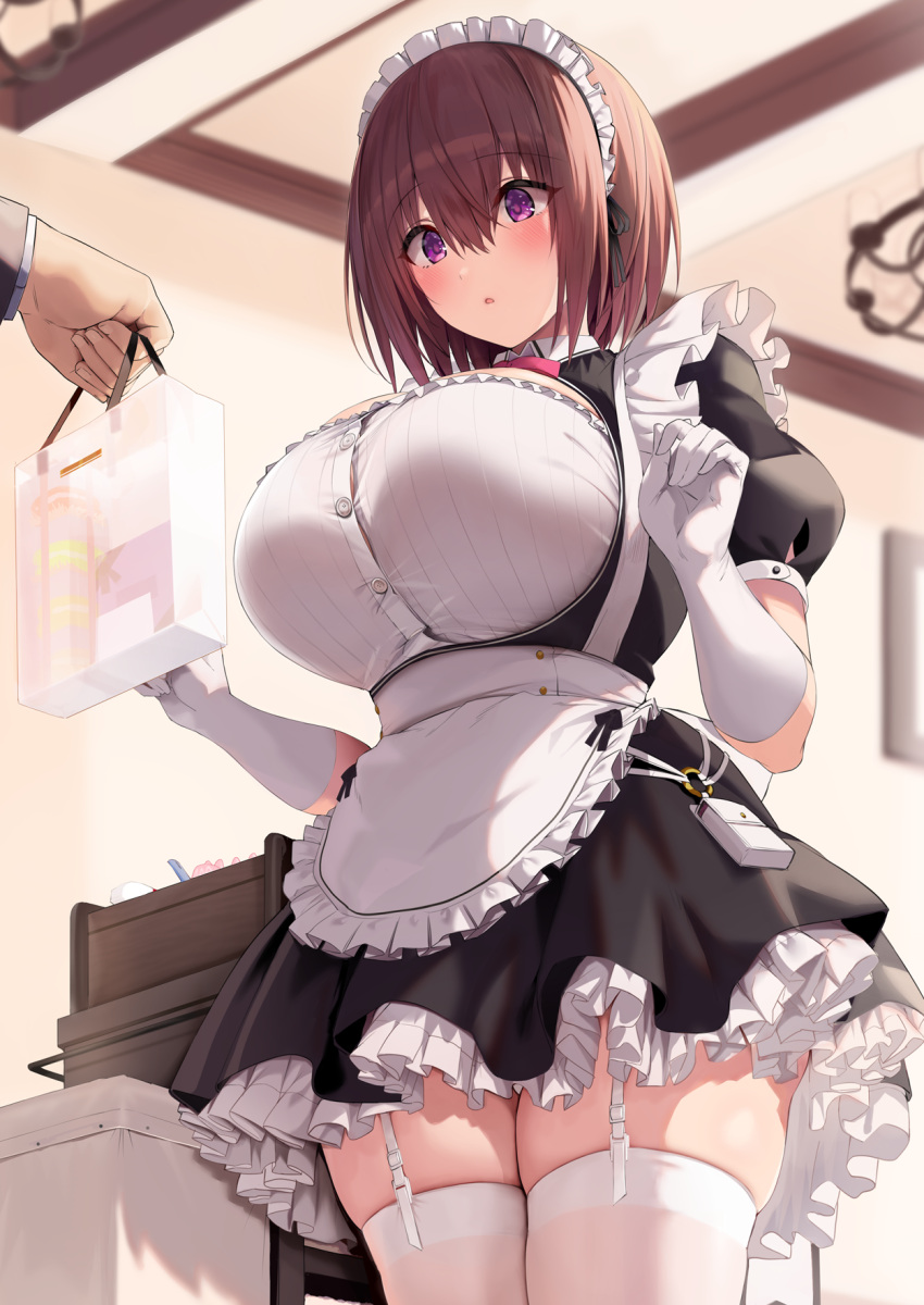 1boy 1girl apron bangs black_dress blue_gk blush breasts brown_hair cleavage cleavage_cutout clothing_cutout dress elbow_gloves gift_bag gloves highres large_breasts maid maid_headdress open_mouth original puffy_short_sleeves puffy_sleeves purple_eyes short_hair short_sleeves solo_focus waist_apron white_apron white_gloves