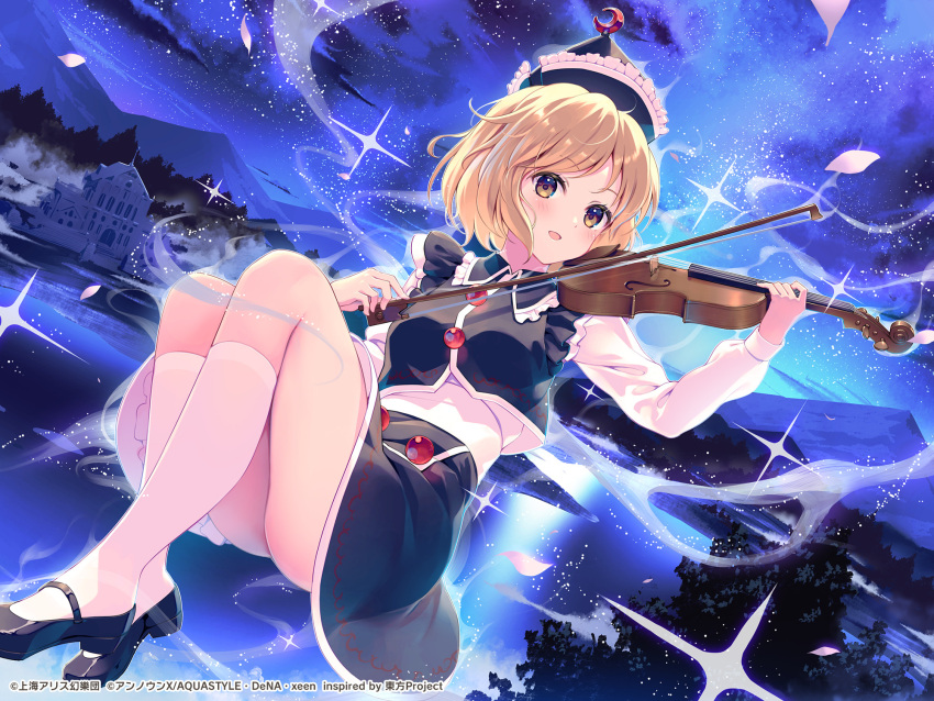1girl black_skirt blonde_hair blush bow_(music) breasts crescent eyebrows_visible_through_hair full_body hat highres instrument long_sleeves looking_at_viewer lunasa_prismriver medium_breasts night night_sky open_mouth outdoors panties shirt shooting_star short_hair skirt sky solo star_(sky) starry_sky thighs touhou underwear violin white_legwear yellow_eyes yoshino_ryou