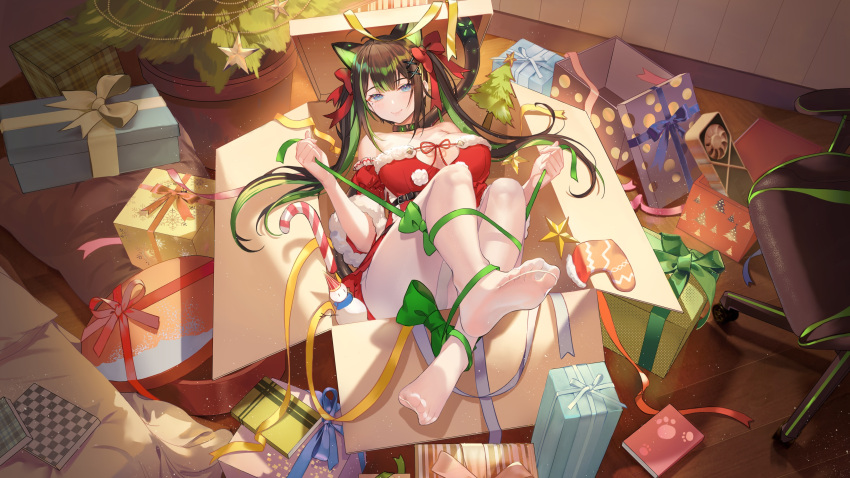 1girl absurdres animal_ears antenna_hair bangs bare_shoulders black_choker black_hair blue_eyes blush bow box breasts candy candy_cane cat_ears cat_girl cat_tail choker christmas christmas_dress christmas_present christmas_tree closed_mouth colored_inner_hair copyright_request criin detached_sleeves dress extra_ears feet food from_above full_body fur-trimmed_dress fur-trimmed_sleeves fur_trim gift gift_box green_bow green_hair green_ribbon hair_bow hair_ornament highres holding holding_ribbon indoors large_breasts long_sleeves looking_at_viewer mole mole_under_eye multicolored_hair no_shoes pantyhose red_bow red_dress ribbon smile soles solo tail toes twintails two-tone_hair white_legwear x_hair_ornament yellow_ribbon