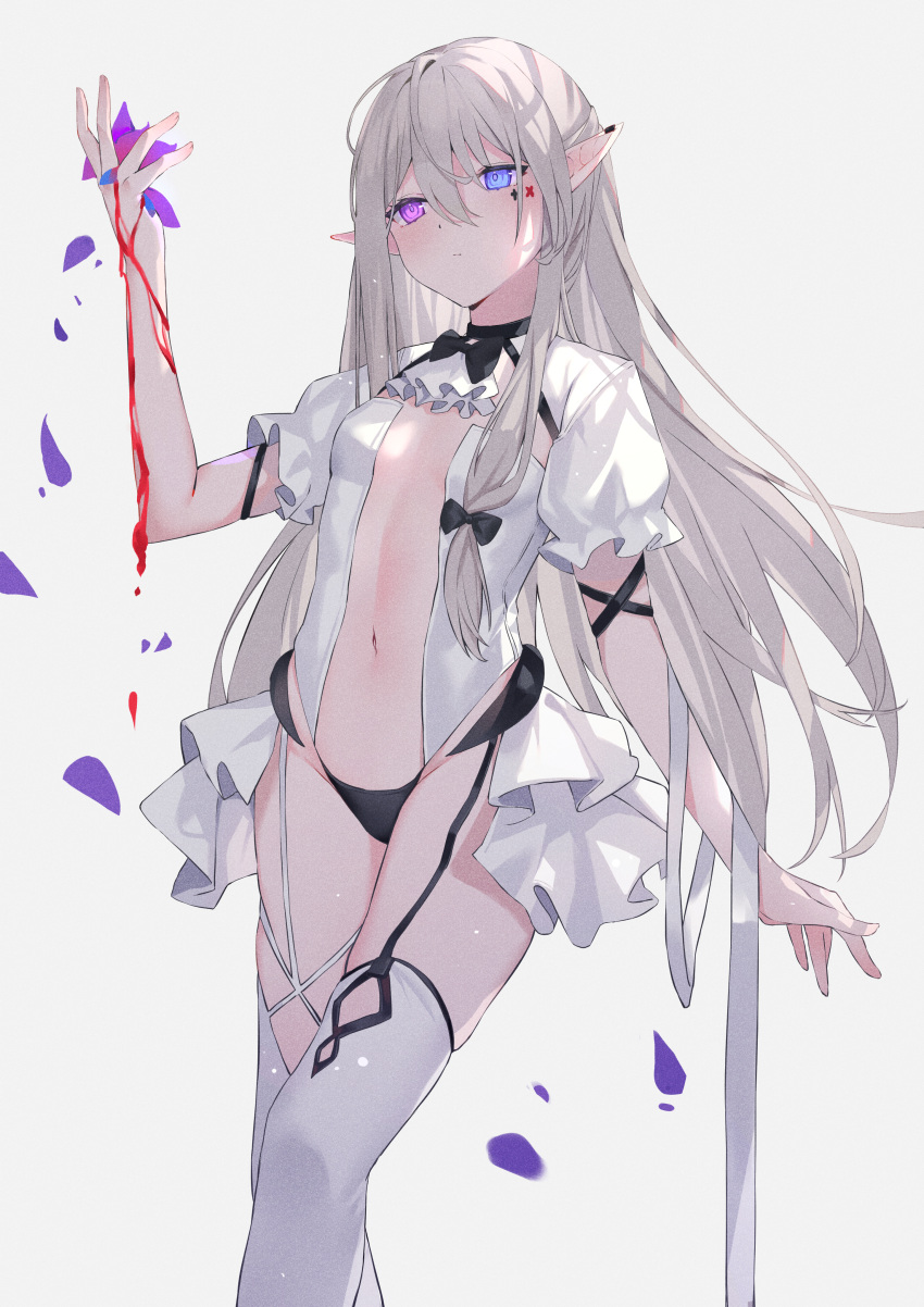 1girl absurdres ascot bangs black_bow black_bowtie black_panties blood_on_arm blue_eyes bow bowtie breasts closed_mouth elf expressionless facial_mark feet_out_of_frame flower grey_hair hair_between_eyes highres holding holding_flower long_hair looking_away navel original panties petals pointy_ears purple_eyes short_sleeves simple_background small_breasts solo standing thighhighs underwear very_long_hair white_ascot white_background white_legwear xiao_lin_jiu