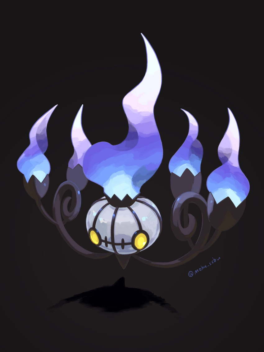 black_background blue_fire chandelure fire full_body highres mokuzou_(moku_ssbu) no_humans pokemon pokemon_(creature) solo twitter_username yellow_eyes yellow_pupils