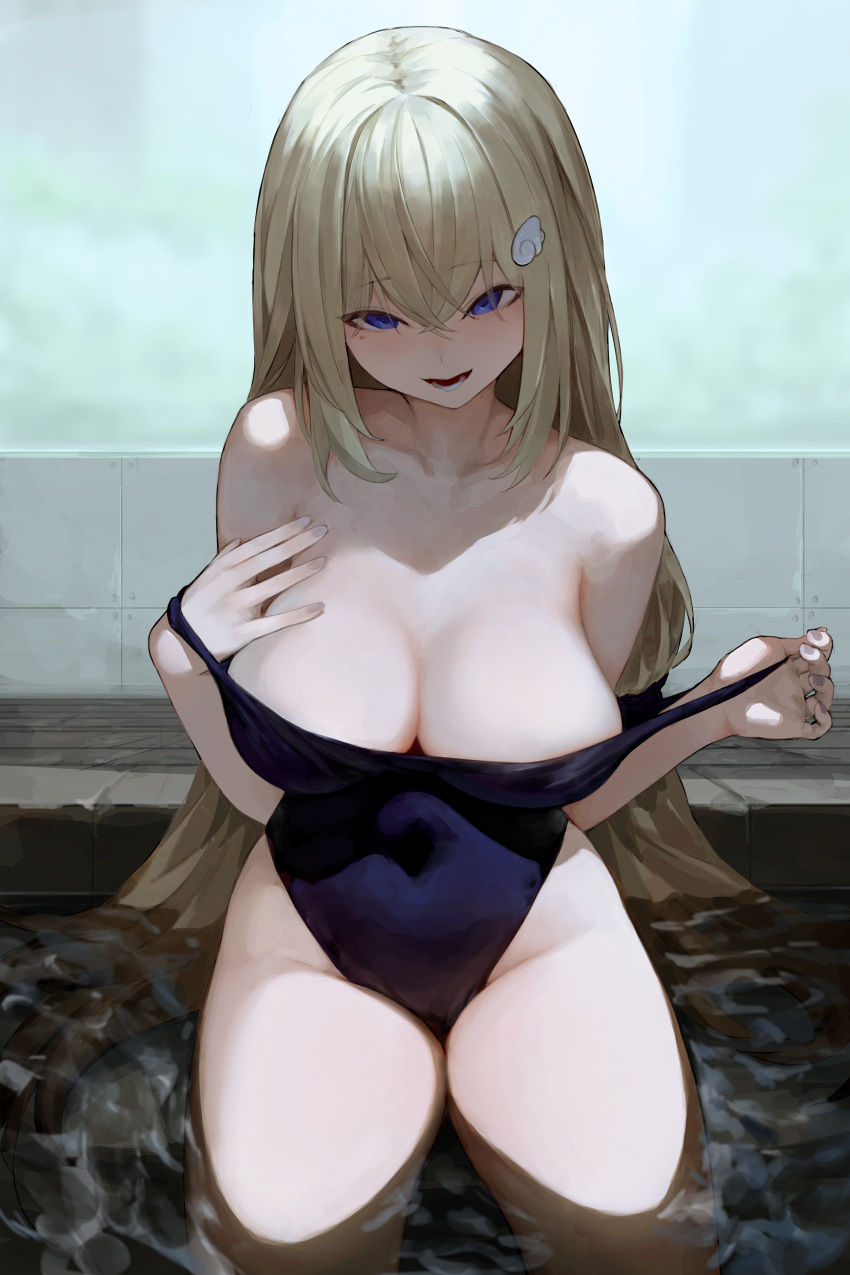 1girl absurdres blue_swimsuit breasts cleavage clothes_pull competition_swimsuit covered_navel egk513 highleg highleg_swimsuit highres large_breasts looking_at_viewer one-piece_swimsuit open_mouth original pulled_by_self sitting smile solo swimsuit swimsuit_pull wading water