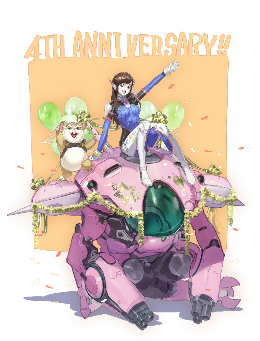 1girl absurdres anniversary arm_cannon balloon blue_bodysuit bodysuit breasts brown_eyes brown_hair buck_teeth clenched_hand confetti d.va_(overwatch) gloves hammond_(overwatch) hamster heart highres looking_at_viewer mecha medium_breasts meka_(overwatch) open_mouth overwatch passimo pilot_suit smile star_(symbol) teeth weapon whiskers white_gloves