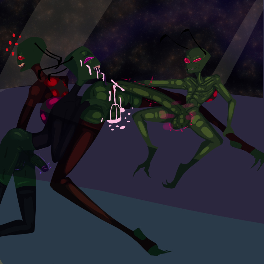 absurd_res alien alien_humanoid almighty_tallest_purple almighty_tallest_red antennae_(anatomy) balls big_balls big_penis bodily_fluids cum cum_trail digital_media_(artwork) erection genital_fluids genitals green_body green_skin group group_sex hi_res huge_penis humanoid humanoid_genitalia humanoid_penis invader_zim irken long_penis male male/male musk nickelodeon not_furry nude open_mouth oral penis pheromones sex simple_background sweat tally_nihil_(artist) the_broadcaster threesome tongue trio zim