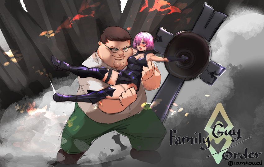 1boy 1girl absurdres bangs black_leotard boots breasts carrying cleavage crossover double_chin english_commentary family_guy fat fat_man fate/grand_order fate_(series) glasses hair_over_one_eye highres kowai_(iamkowai) leotard mash_kyrielight metal_boots one_eye_covered parody peter_griffin pink_hair princess_carry purple_eyes purple_footwear smile thigh_boots thighhighs title_parody