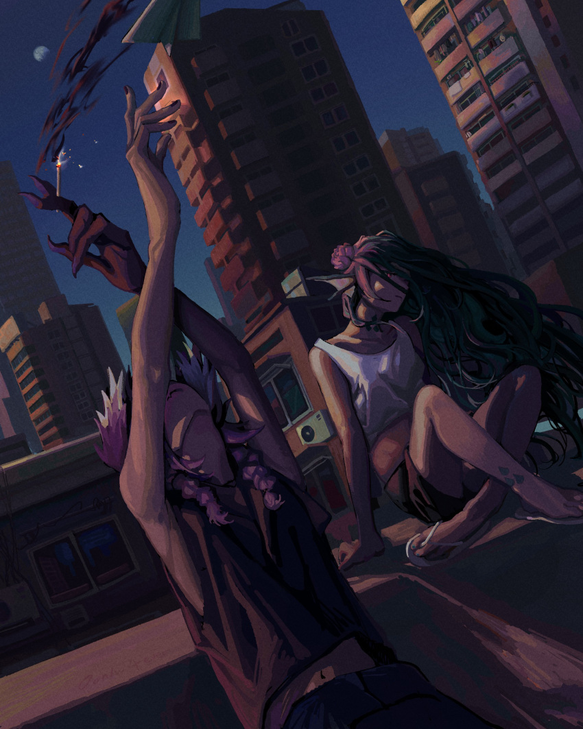 2girls absurdres air_conditioner arm_support arms_up bare_shoulders black_tank_top braid building chinese_commentary cigarette city claws crossed_legs dutch_angle evening expressionless finana_ryugu flower galaxyhill77 green_hair hair_flower hair_ornament head_fins highres long_hair looking_to_the_side looking_up midriff_peek moon multiple_girls navel nijisanji nijisanji_en outdoors paper_airplane purple_hair red_eyes sandals selen_tatsuki shorts sitting skyscraper smoking tank_top twin_braids very_long_hair white_tank_top wind