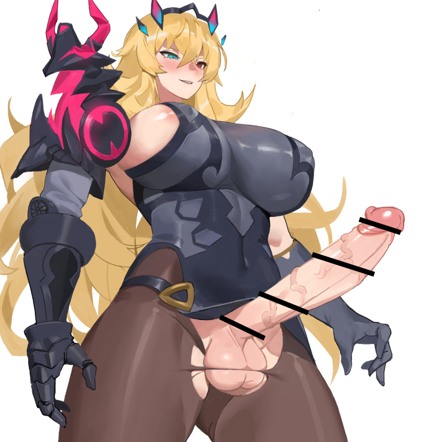 1girl absurdres areola_slip areolae armor bar_censor blonde_hair blue_eyes blush breasts censored erection fairy_knight_gawain_(fate) fate/grand_order fate_(series) futanari heterochromia highres huge_penis large_breasts long_hair oreomanko pantyhose penis pink_eyes simple_background solo standing testicles torn_clothes torn_legwear veins veiny_penis white_background