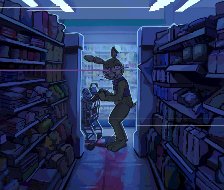 ambiguous_gender anthro blood blood_trail bodily_fluids bow_tie button_(fastener) child closed_smile clothing costume death detailed_background duo five_nights_at_freddy's food fursuit glitchtrap gore human lagomorph leporid looking_at_viewer male mammal pink_eyes rabbit scottgames scut_tail shopping_cart short_tail skylordlysander smile store topwear vest video_games whiskers young