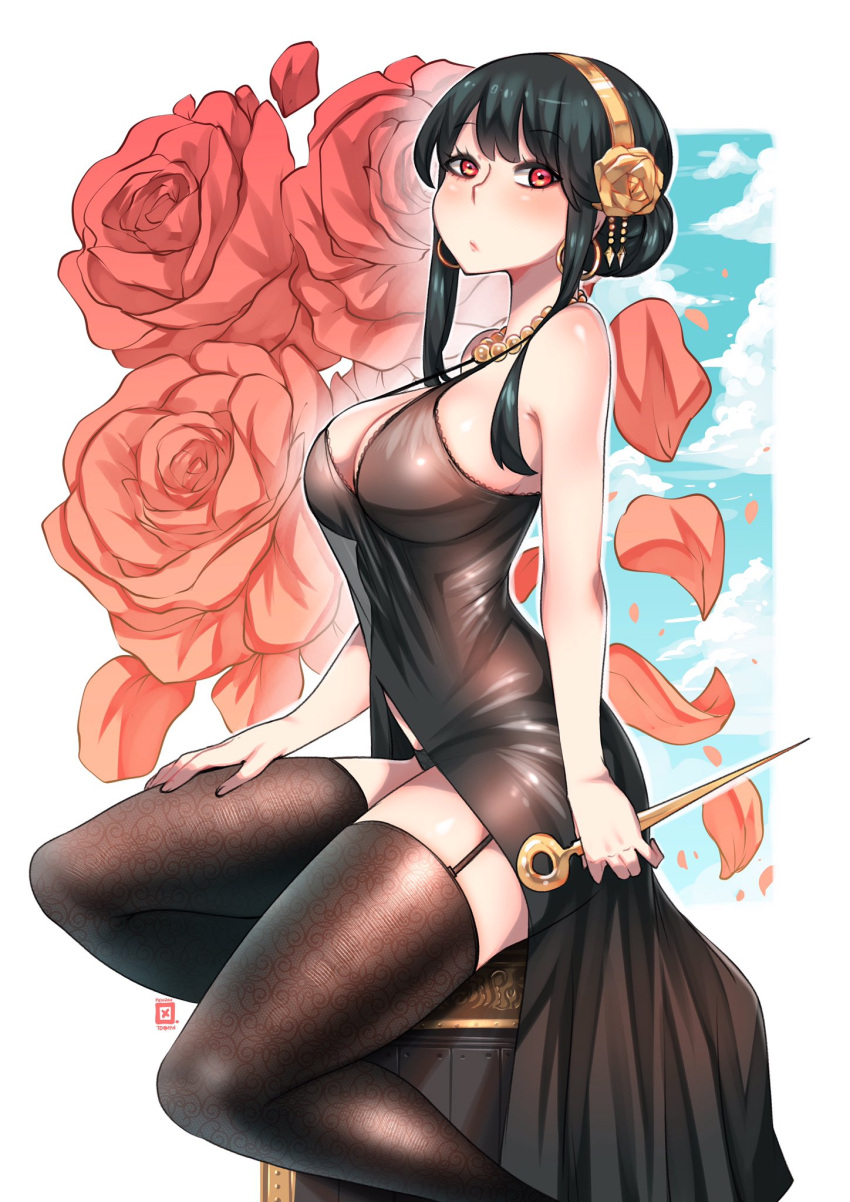 black_dress black_hair breasts dagger dress earrings gold_earrings gold_hairband highres holding holding_dagger holding_weapon jewelry kenron_toqueen knife large_breasts red_eyes red_sweater reverse_grip rose_hair_ornament short_hair_with_long_locks solo spy_x_family sweater two-sided_dress two-sided_fabric weapon yor_briar
