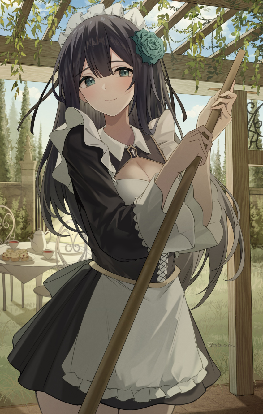 1girl absurdres apron bangs black_hair blue_sky blush breasts cake cleavage cloud cup flower food frilled_apron frills green_eyes green_flower hair_flower hair_ornament highres large_breasts long_hair looking_at_viewer maid maid_apron maid_headdress original outdoors sky smile solo sukuemon table teacup teapot