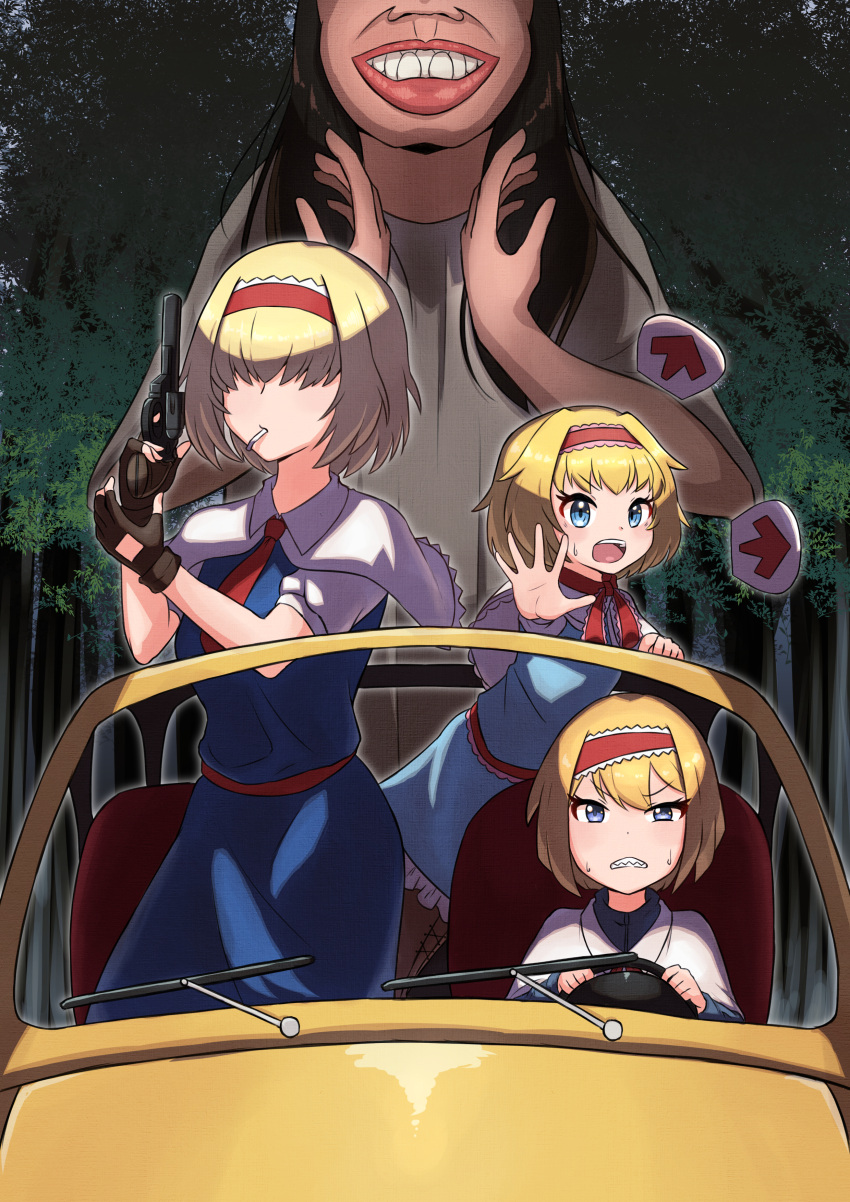 4girls absurdres algodoo alice_margatroid arrow_(symbol) bangs blonde_hair blue_dress blue_eyes blush boots brown_footwear brown_hair capelet cigarette clenched_teeth closed_mouth collared_capelet commentary_request cookie_(touhou) dress driving feet_out_of_frame frilled_capelet frills ground_vehicle gun hair_between_eyes hair_over_eyes hairband handgun highres holding holding_gun holding_weapon ichigo_(cookie) jeep jigen_(cookie) long_hair looking_at_viewer manatsu_no_yo_no_inmu motor_vehicle multiple_girls necktie open_mouth pinky_(inmu) red_hairband red_necktie revolver taisa_(cookie) teeth touhou tree tsugumi_amon weapon white_capelet