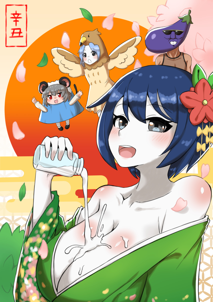 1boy 3girls absurdres alternate_costume bangs black_eyes blue_hair blush body_blush bottle breasts cleavage collarbone colored_skin commentary_request cookie_(touhou) egasumi eggplant eyebrows_visible_through_hair flour_(cookie) flower full_body green_kimono hair_between_eyes hair_flower hair_ornament hatsuyume hawk_costume highres holding japanese_clothes kimono kumoi_ichirin large_breasts leaf long_sleeves looking_at_viewer manatsu_no_yo_no_inmu milk milk_(cookie) milk_bottle mount_fuji mouse_girl mouse_tail multiple_girls murasa_minamitsu nazrin new_year nyon_(cookie) off_shoulder open_mouth parted_bangs pouring pouring_onto_self red_eyes red_flower short_hair smile sunglasses tail takuya_(acceed) touhou tsugumi_amon upper_body white_skin wide_sleeves