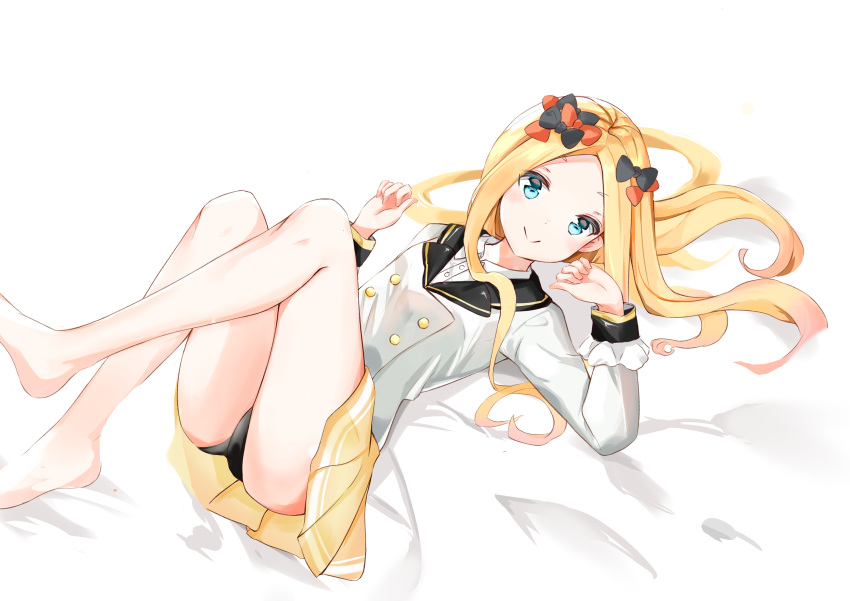 1girl abigail_williams_(fate) absurdres bangs barefoot bed_sheet black_bow black_panties blazer blonde_hair bow collared_shirt commentary_request dress_shirt fate/grand_order fate_(series) feet_out_of_frame forehead hair_bow hands_up highres jacket knees_up long_hair looking_at_viewer lying on_back orange_bow panties parted_bangs pleated_skirt school_uniform shirt skirt solo underwear very_long_hair white_background white_jacket white_shirt yellow_skirt yukaa