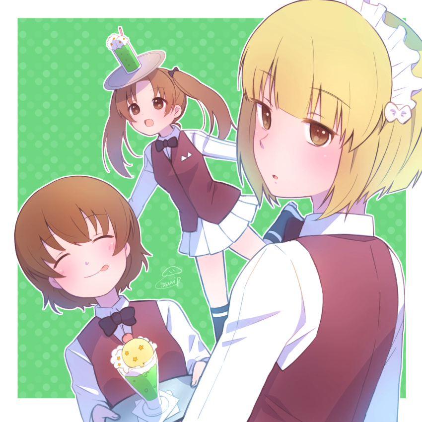 3girls :q artist_name balancing bangs bartender black_bow black_bowtie black_legwear blonde_hair blunt_bangs bob_cut bow bowtie brown_vest cherry_blossoms closed_mouth commentary cosplay cutlass_(girls_und_panzer) cutlass_(girls_und_panzer)_(cosplay) dress_shirt eyebrows_visible_through_hair facing_viewer food freckles from_behind girls_und_panzer green_background handkerchief highres holding holding_tray ice_cream ice_cream_float itsumip kadotani_anzu leaning_forward leg_up long_hair long_sleeves looking_at_viewer looking_back looking_to_the_side maid_headdress miniskirt multiple_girls ooarai_naval_school_uniform open_mouth outline parted_bangs parted_lips pleated_skirt polka_dot polka_dot_background school_uniform shirt shoes short_hair signature single_horizontal_stripe skirt smile socks standing standing_on_one_leg tongue tongue_out tray tsuchiya_(girls_und_panzer) twintails vest white_footwear white_outline white_shirt white_skirt wing_collar