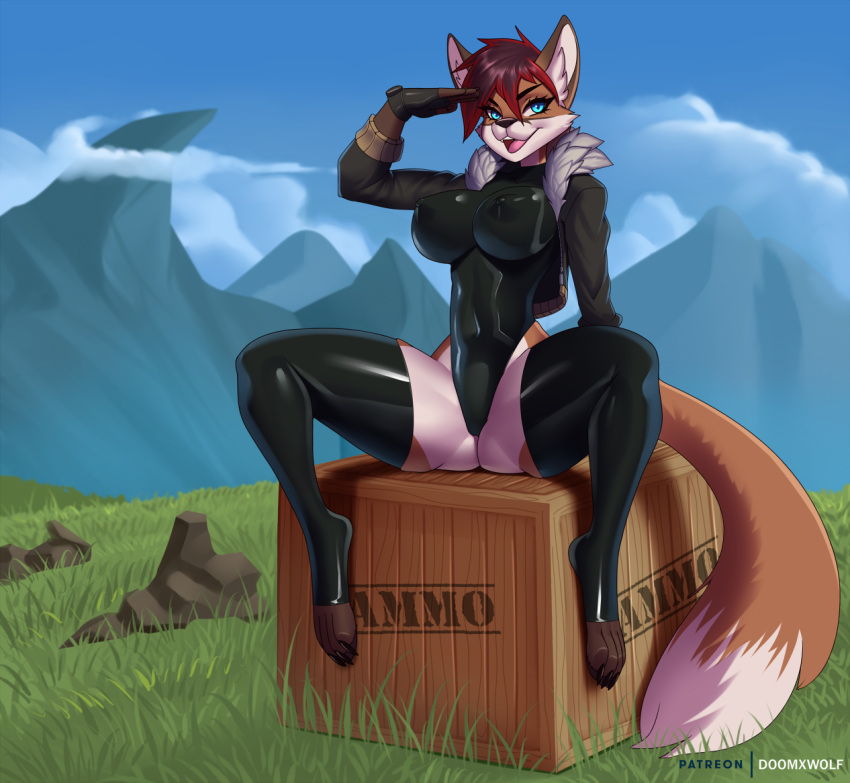 2022 ammo_box anthro big_breasts blue_eyes breasts brown_body brown_fur brown_hair canid canine clothed clothing cloudscape digital_drawing_(artwork) digital_media_(artwork) dipstick_tail doomthewolf english_text eyebrows eyelashes female fox fur gesture grass hair legwear looking_at_viewer mammal markings mountain nipple_outline open_mouth outside plant presenting red_hair rock salute sitting sky solo spread_legs spreading tail_markings text thigh_highs