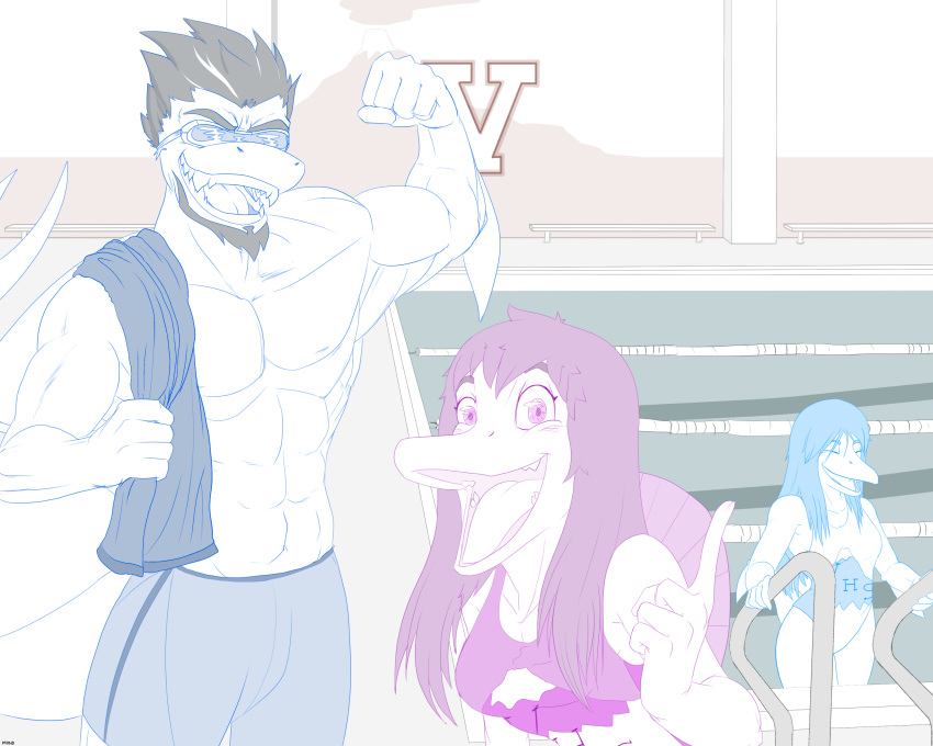 absurd_res anthro aurora_(gvh) blue_hair chadshark_(snootgame) clothed clothing dinosaur eyewear facial_hair female fish flexing glasses goodbye_volcano_high group hair hi_res humanoid looking_at_viewer male marine muscular muscular_male open_mouth pool_(disambiguation) purple_eyes purple_hair reptile rosemary_(gvh) scalie shark sharp_teeth sketch snoot_game_(fan_game) teeth tongue towel_on_shoulder trio unknown_artist wet_hair