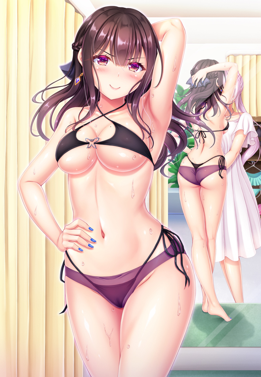 2girls arm_up armpits ass back bangs bikini black_bikini blunt_bangs breasts brown_hair cameltoe cleavage closed_mouth collarbone commentary_request dress earrings eyebrows_visible_through_hair fitting_room hand_on_hip highres hiro_(725611) jewelry looking_at_viewer medium_breasts multiple_girls nail_polish navel original purple_eyes reflection see-through see-through_swimsuit side-tie_bikini smile solo_focus standing stomach swimsuit underboob v-shaped_eyebrows white_dress white_hair