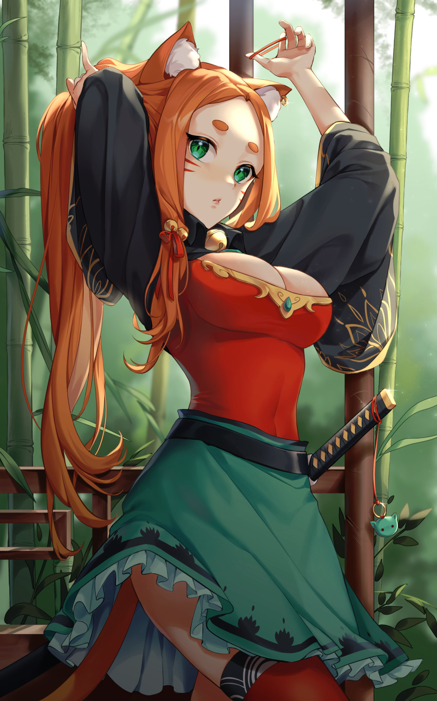1girl absurdres animal_ears aniroud arms_up bamboo bamboo_forest bangs blush breasts cat_ears cat_girl cat_tail cleavage facial_mark forest frilled_skirt frills green_eyes hair_tie highres large_breasts long_hair looking_at_viewer nature orange_eyes original parted_bangs parted_lips red_legwear red_shirt sheath sheathed shirt short_eyebrows skirt solo swimsuit tail thick_eyebrows thighhighs tying_hair very_long_hair whisker_markings