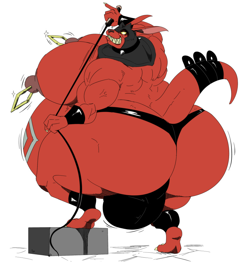 2020 a-side anklet anthro armor belly belly_tattoo big_belly big_bulge big_butt bracelet bulge butt clenched_teeth clothing collar evil_grin fur headgear helmet hi_res holding_object holding_whip illfang_the_kobold_lord jewelry kobold looking_at_viewer looking_back male moobs muscular_arms nipple_piercing nipples piercing raised_tail red_body red_fur smile solo spiked_collar spikes sword_art_online tattoo teeth thick_thighs thong tiptoes underwear whip wide_hips