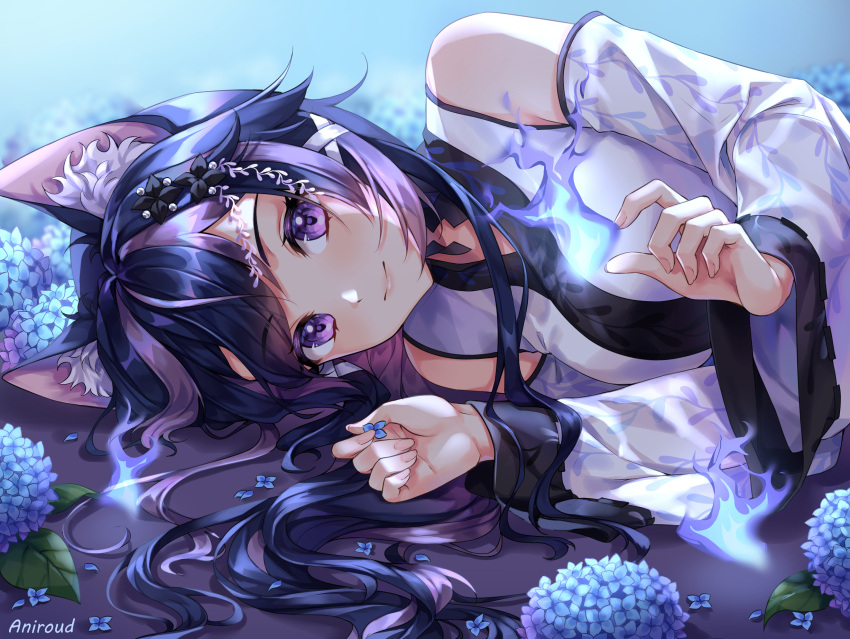 1girl animal_ear_fluff animal_ears aniroud bangs bare_shoulders black_hair blue_flower character_request closed_mouth detached_sleeves eyebrows_visible_through_hair fingernails flower highres hitodama hydrangea indie_virtual_youtuber japanese_clothes kimono long_hair long_sleeves looking_at_viewer lying multicolored_hair on_side purple_eyes purple_hair purple_kimono smile solo two-tone_hair upper_body virtual_youtuber wide_sleeves