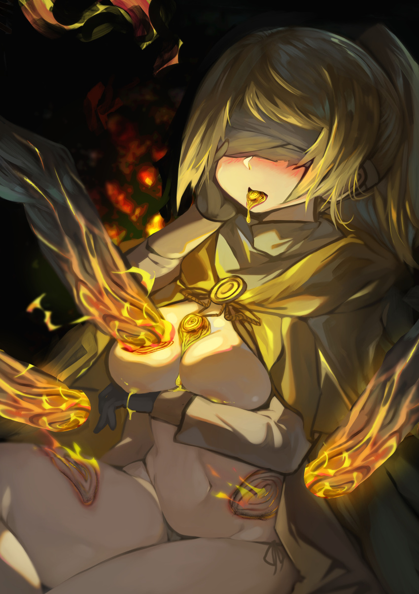 absurdres areola_slip areolae black_background blindfold blonde_hair blush breasts burning cloak covering_nipples elden_ring fire highres hyetta_(elden_ring) large_breasts panties ponytail side-tie_panties skysakura3 three_fingers_(elden_ring) topless underwear yellow_liquid