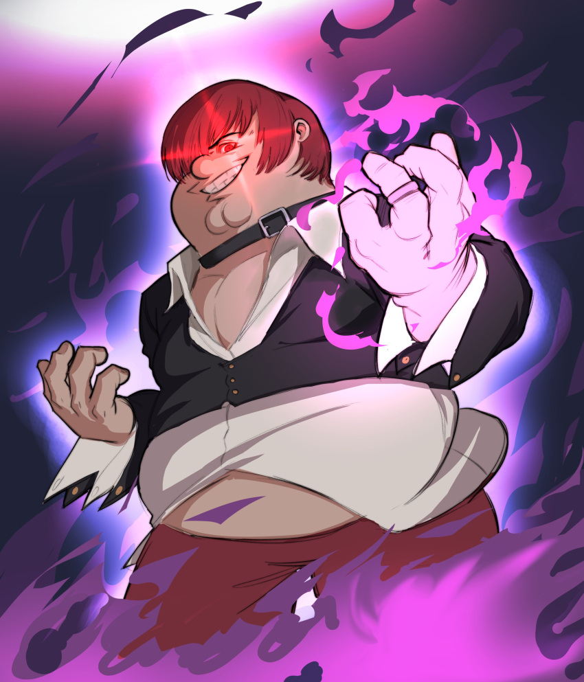 1boy absurdres cosplay family_guy fire glowing glowing_eyes grin highres jewelry kowai_(iamkowai) one_eye_covered peter_griffin purple_fire pyrokinesis red_eyes red_hair ring smile the_king_of_fighters yagami_iori yagami_iori_(cosplay)