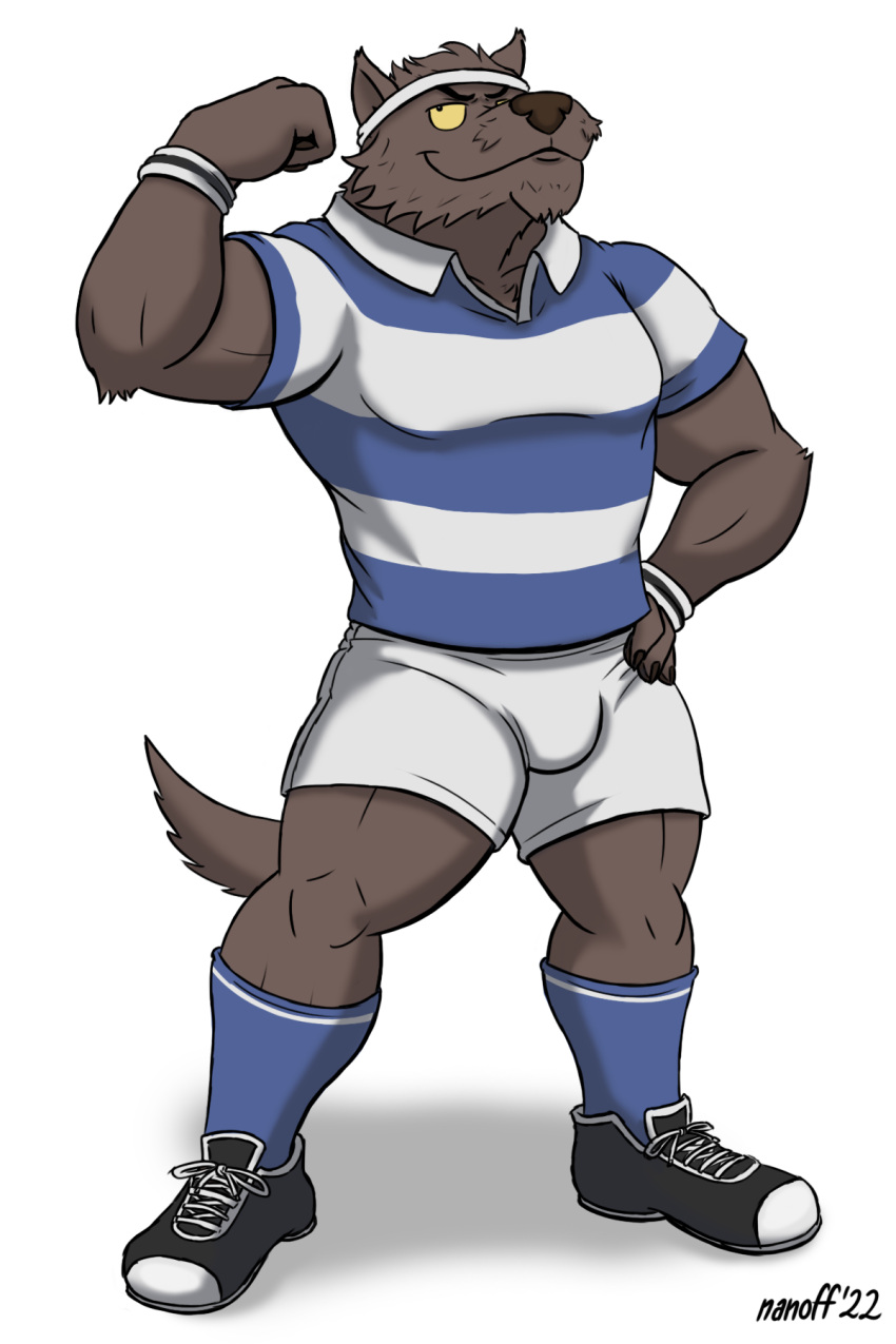 2:3 accessory anthro boomer_(nanoff) canid canine canis clothing flexing_bicep footwear headband hi_res male mammal muscular muscular_male nanoff rugby_uniform socks solo wolf