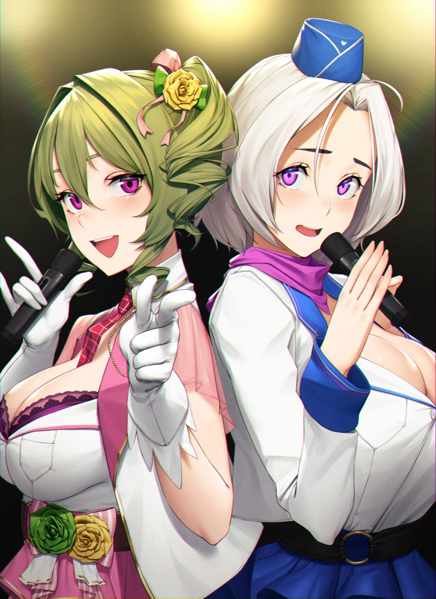 2girls :d \m/ bangs beeeeen belt black_background black_belt blue_headwear blue_skirt blush bow bra bra_peek breast_pocket breasts brown_belt buttons chromatic_aberration cleavage commentary_request drill_hair erato_(last_origin) finger_gun fingernails flower from_side garrison_cap gloves green_bow green_flower green_hair green_rose hair_between_eyes hair_bow hair_flower hair_ornament hands_up hat heart heart_print high-waist_skirt highres holding holding_microphone idol jacket large_breasts last_origin lens_flare long_sleeves looking_at_viewer looking_to_the_side microphone mini_hat multiple_girls muse_(last_origin) necktie o-ring o-ring_belt open_clothes open_jacket open_mouth parted_bangs pink_bow pink_skirt plaid_necktie pocket pointing pointing_at_viewer print_headwear purple_bra purple_eyes red_necktie rose see-through see-through_sleeves shiny shiny_hair shirt shirt_tucked_in short_hair short_sleeves side_ponytail sidelocks skirt smile stage_lights striped striped_bow teeth underwear upper_body upper_teeth white_gloves white_hair white_jacket white_shirt yellow_flower yellow_rose